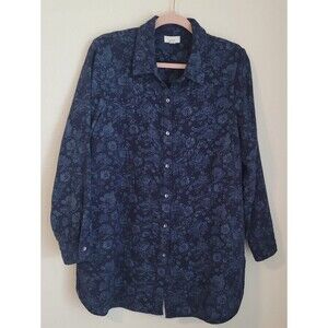 ​J. Jill Pure Jill Double-Weave Cotton Floral Tunic Shirt Blue M Pockets Coastal